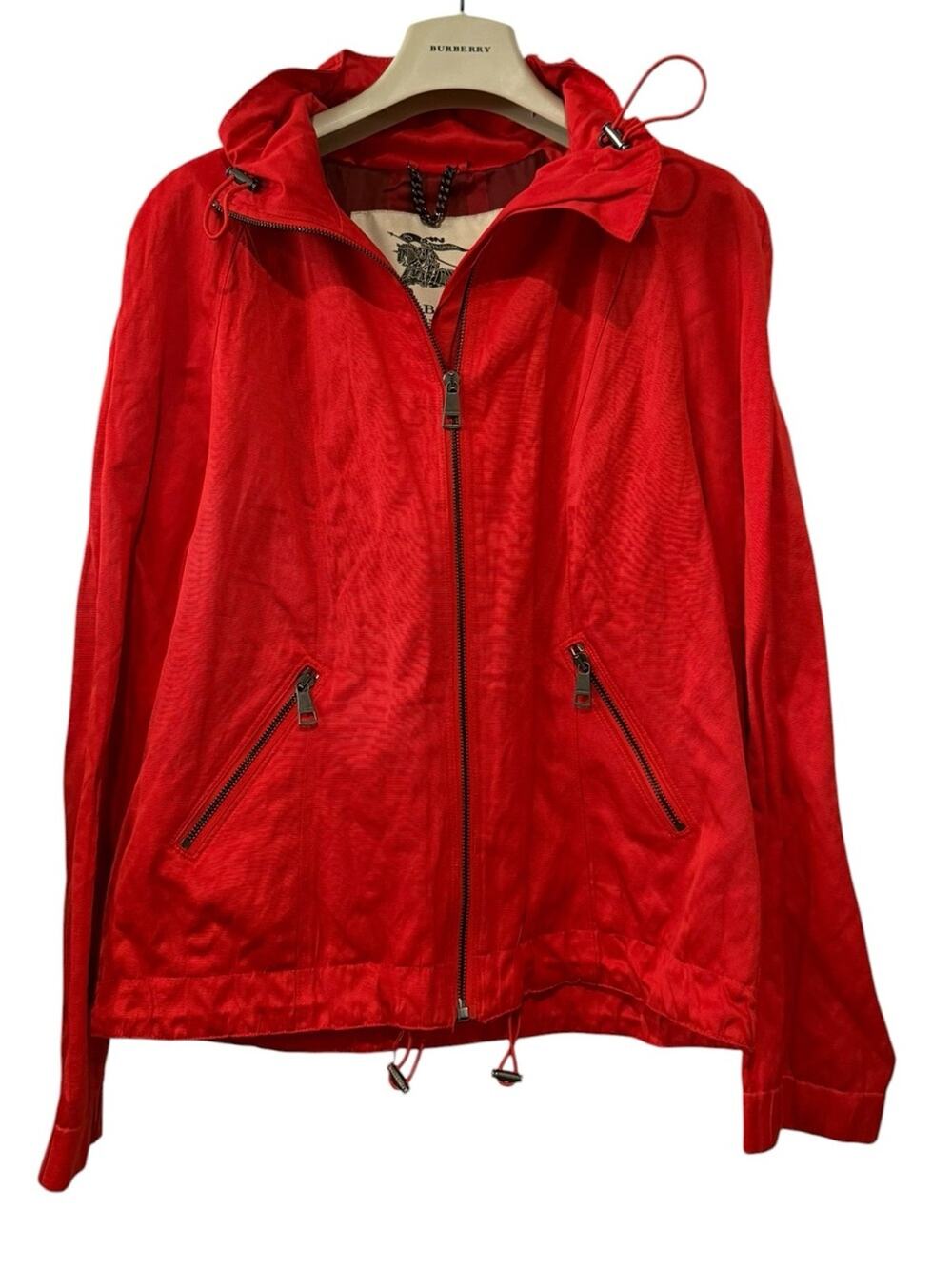 Burberry London US 10 Red Hooded Zip Jacket Packable Designer Coat Authentic